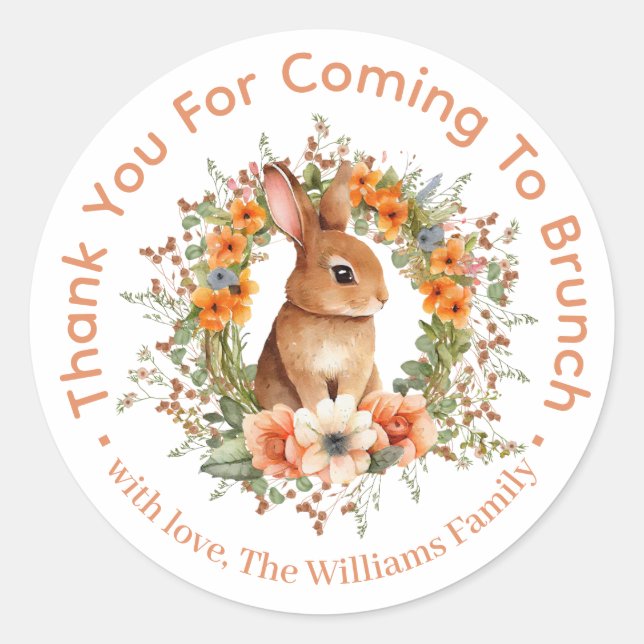 thank you easter brunch, floral bunny orange classic round sticker (Front)