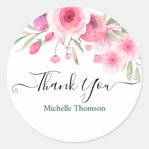 Thank you editable pink floral illustration classic round sticker