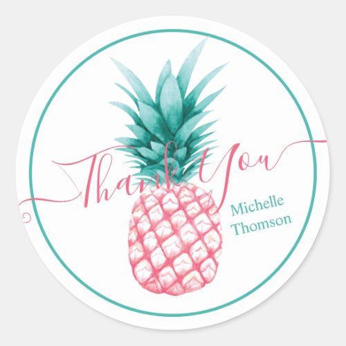 Thank you editable tropical pink pineapple classic round sticker
