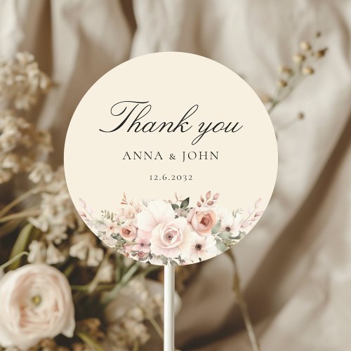 Thank you Elegant beige pastel flower wedding Classic Round Sticker