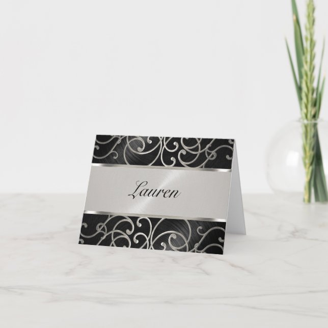 Thank You Elegant Black and Silver Filigree Note Card (Front)