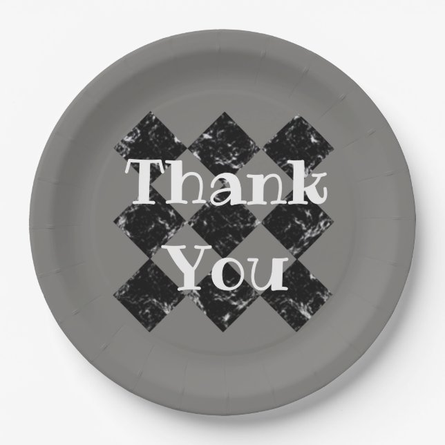 Thank You Elegant Black White Diamond Pattern Paper Plates (Front)