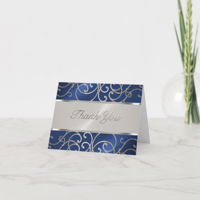 Thank You Elegant Blue and Silver Filigree Card (Front)