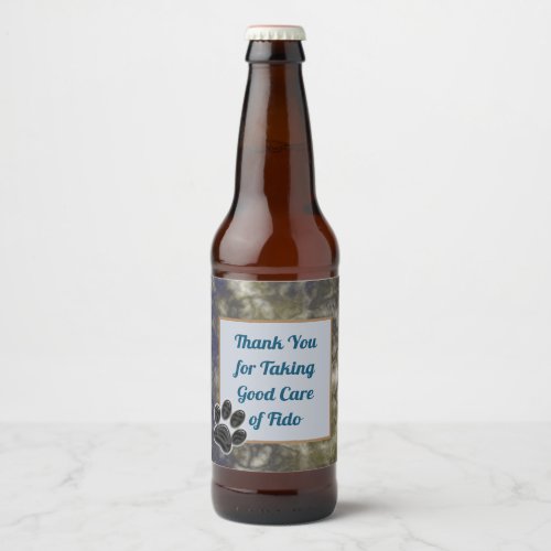 Thank You Elegant Blue Gold Pet Sitter Dog Walker Beer Bottle Label