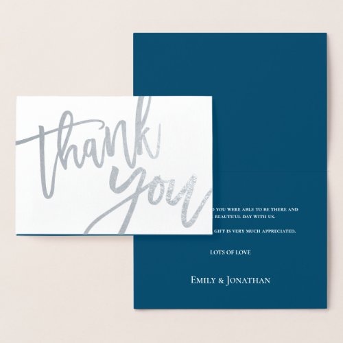 Thank You Elegant Calligraphy Wedding blue Silver Foil Card