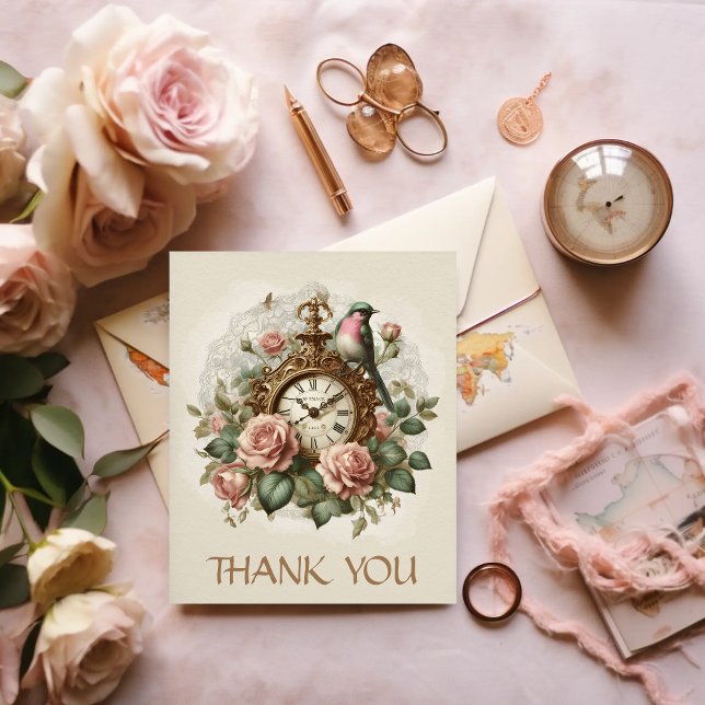 Thank you Elegant Floral Rose Antique Clock Bird Postcard (Creator Uploaded)