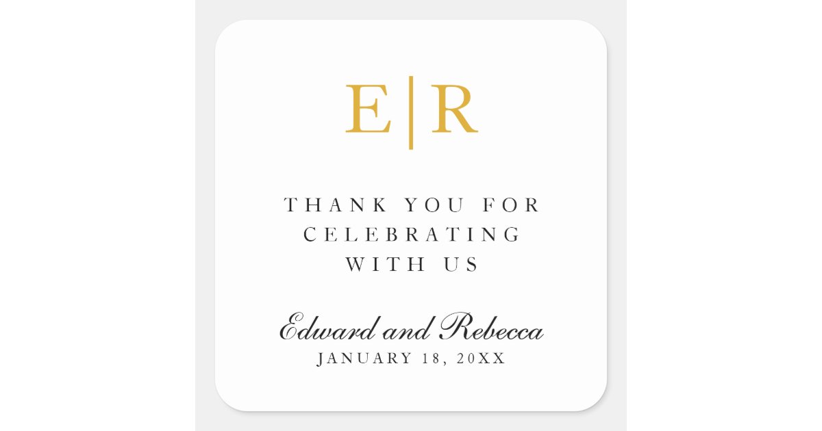 Thank You Elegant Gold Monogram Wedding Square Sticker | Zazzle