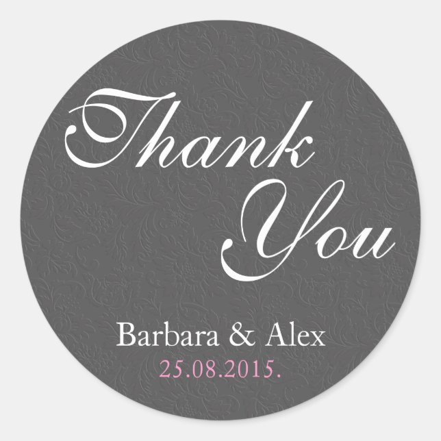 Thank You- Elegant Gray Damasks Classic Round Sticker (Front)