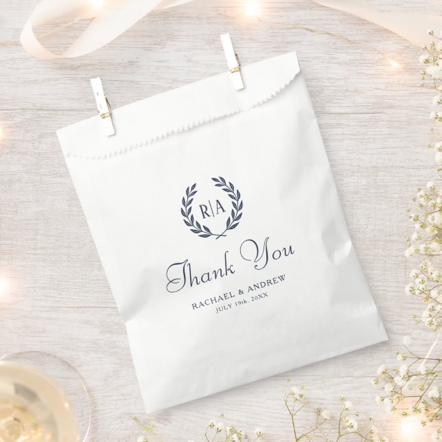 Thank You Elegant Monogram Wreath Wedding Navy Favor Bag (Clipped)