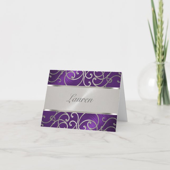 Thank You Elegant Purple and Silver Filigree Note Card (Front)