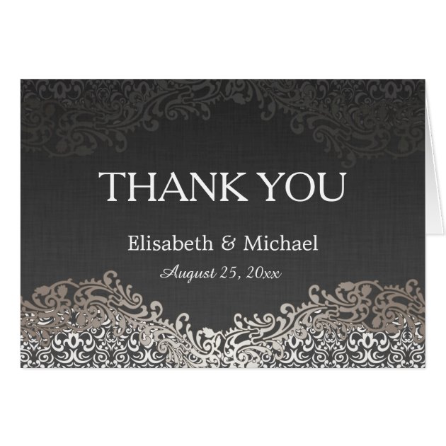 Thank You - Elegant Silver Damask Dark Linen Card