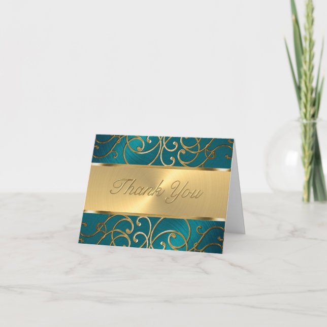 Thank You Elegant Teal Blue and Gold Filigree (Front)
