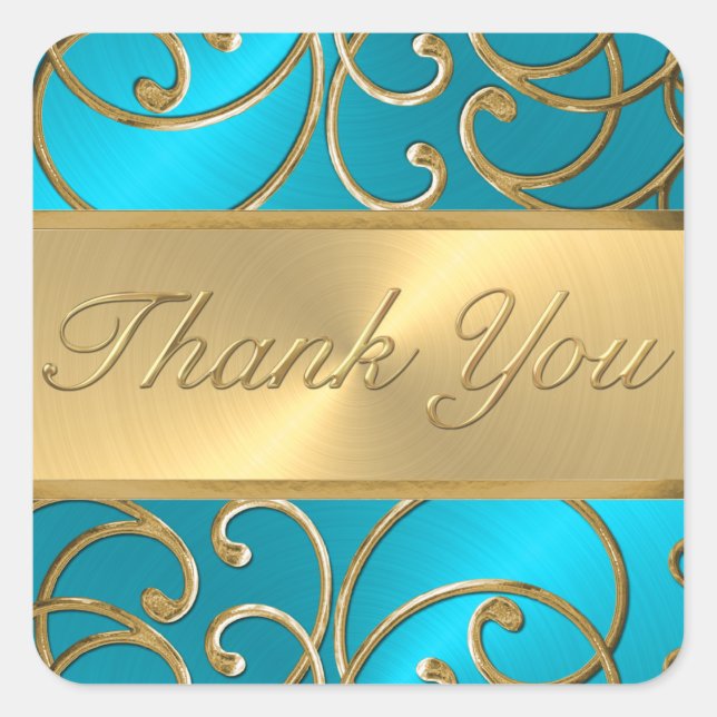 Thank You Elegant Turquoise Blue Gold Filigree Square Sticker (Front)