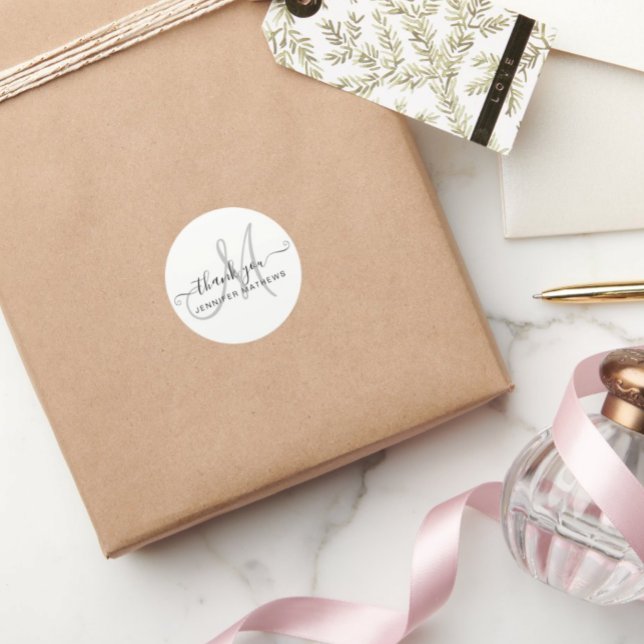 Thank You Elegant Typography Chic Black White Classic Round Sticker (Creator Uploaded)