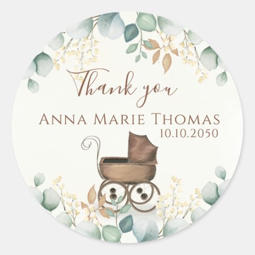 Thank You Elegant Watercolor Eucalyptus Leaves Classic Round Sticker