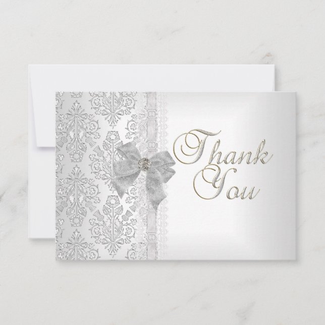 Thank You Elegant Wedding Damask White Silver Bow (Front)
