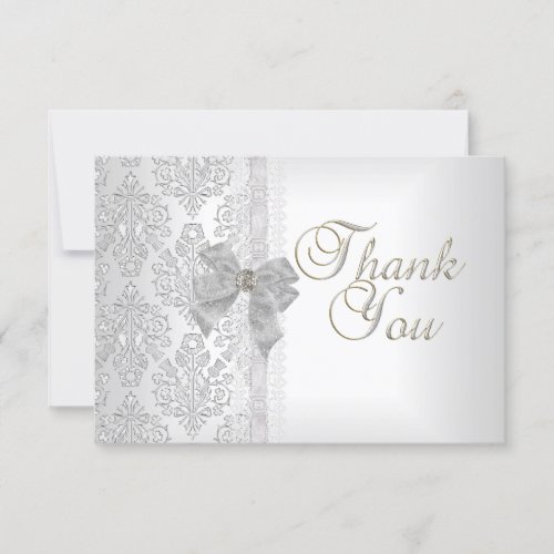 Thank You Elegant Wedding Damask White Silver Bow