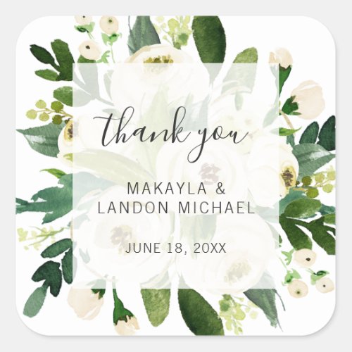 Thank You Elegant White Floral Watercolor Wedding Square Sticker