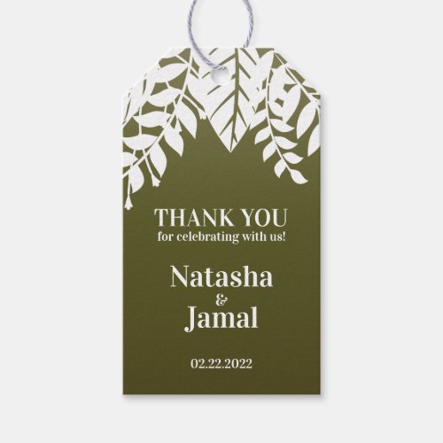 Thank You Elegant White Leaves Olive Green Gift Tags