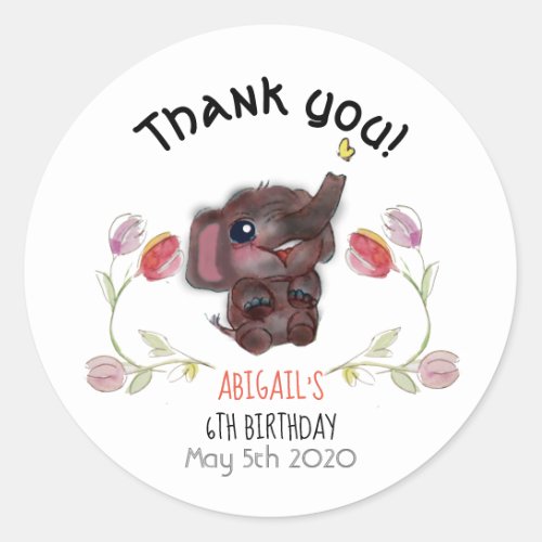 Thank You Elephant and Tulips Classic Round Sticker