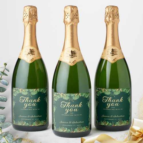 Thank You Emerald Green Gold Eucalyptus Wedding Sparkling Wine Label