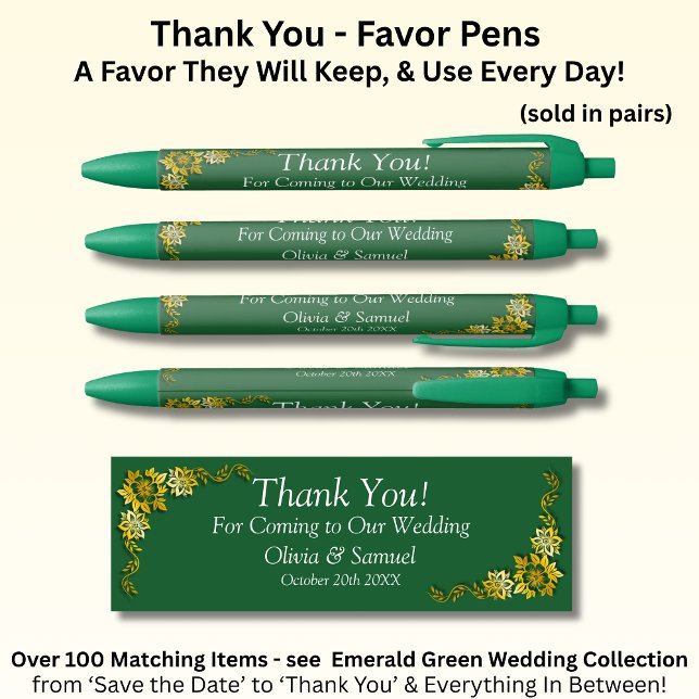 Thank You, Emerald Green & Gold Wedding  Pen (Creator Uploaded)