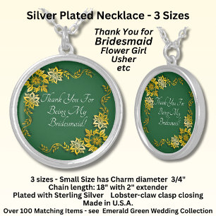 Thank You, Emerald Green & Gold Wedding Silver Plated Necklace