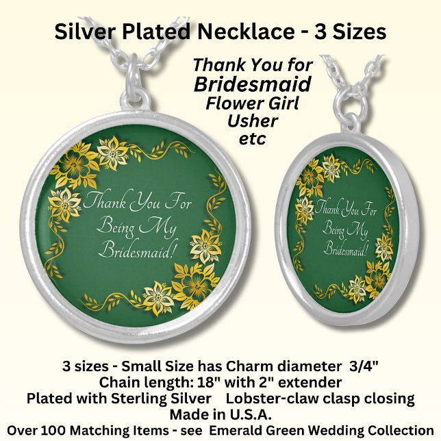 Thank You, Emerald Green & Gold Wedding  Silver Plated Necklace (Creator Uploaded)