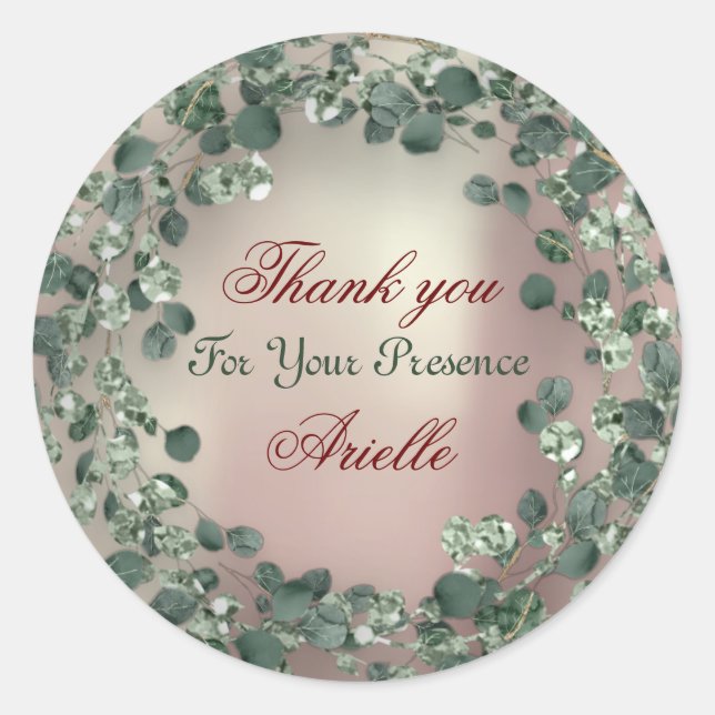 Thank You Eucalyptus Birthday Bride Greenery Pearl Classic Round Sticker (Front)