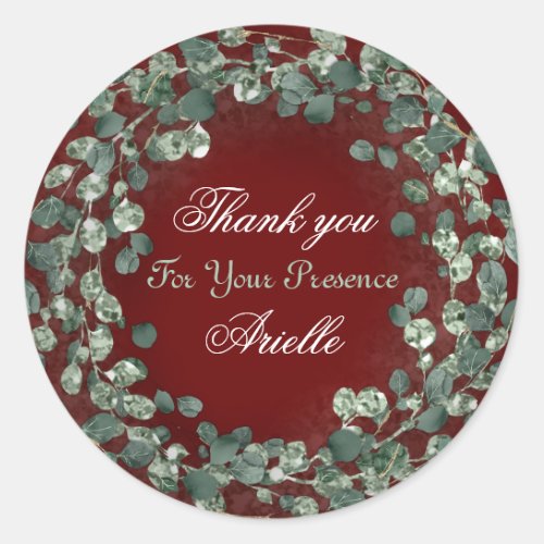 Thank You Eucalyptus Birthday Bride Mint Burgundy Classic Round Sticker