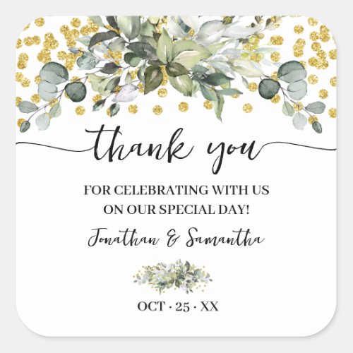 Thank You Eucalyptus Gold Wedding Square Sticker