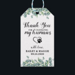 Thank You Eucalyptus Pet Dog Treat Wedding Favor Gift Tags<br><div class="desc">Thank You for celebrating my humans! Include your best dog in your wedding with his own treat bar for your guests. Perfect for dog lovers, and a special dog treat bar will be a hit at your wedding. This dog treat favor tag coordinates with our doggie bag wedding favor bags,...</div>