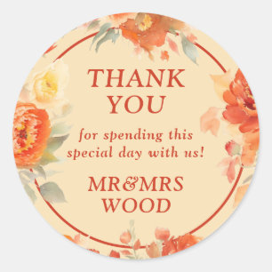 Thank You Fall Burnt Orange Floral Wedding Classic Round Sticker