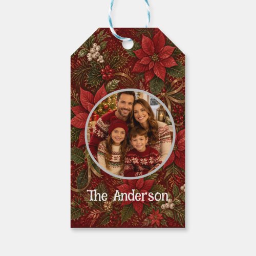 Thank You Family Photo Floral Crimson Christmas Gift Tags