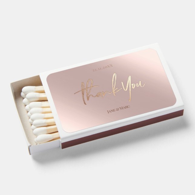 Thank You Faux Foil Rosegold Wedding Matchboxes (Front Open)