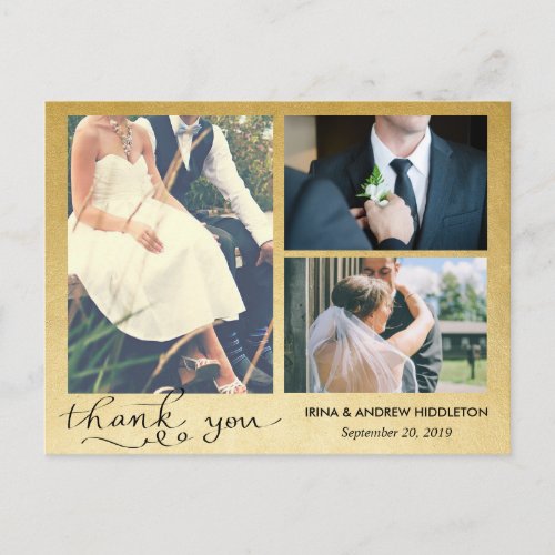 Thank You  Faux Gold Foil  Three Wedding Photos Postcard
