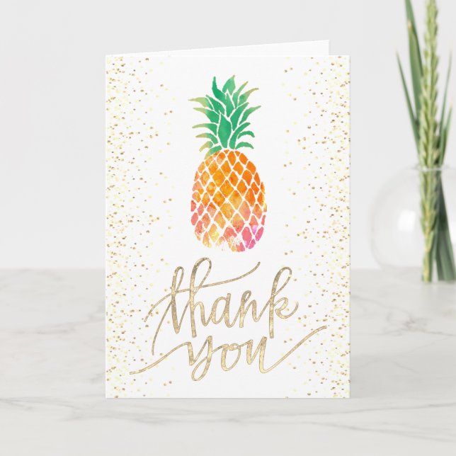 thank you faux gold script watercolor pineapple card (Front)