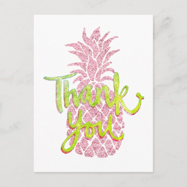 thank you faux pink glitter pineapple graphic postcard (Front)