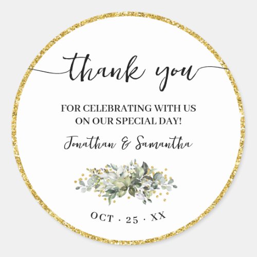 Thank you Favor Eucalyptus Gold Glitter Wedding Classic Round Sticker