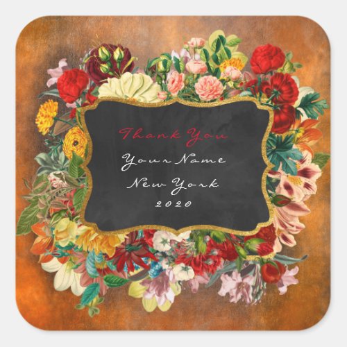 Thank You Favor Gold  Green Roses Floral Grunge Square Sticker