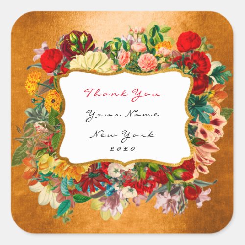 Thank You Favor Gold  Green Roses Floral Orange Square Sticker