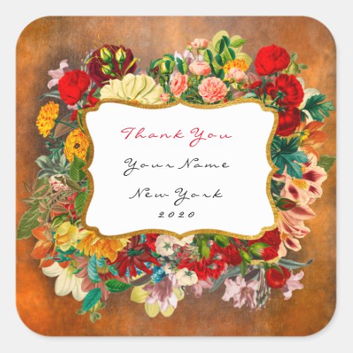 Thank You Favor Gold  Green Roses Floral White Square Sticker