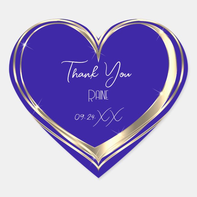 Thank You Favor Gold Heart Bridal Wedding Blue Sticker (Front)