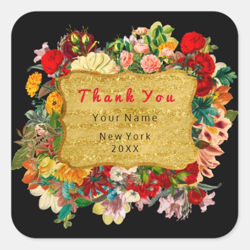 Thank You Favor Golden Frame  Roses Floral Black Square Sticker