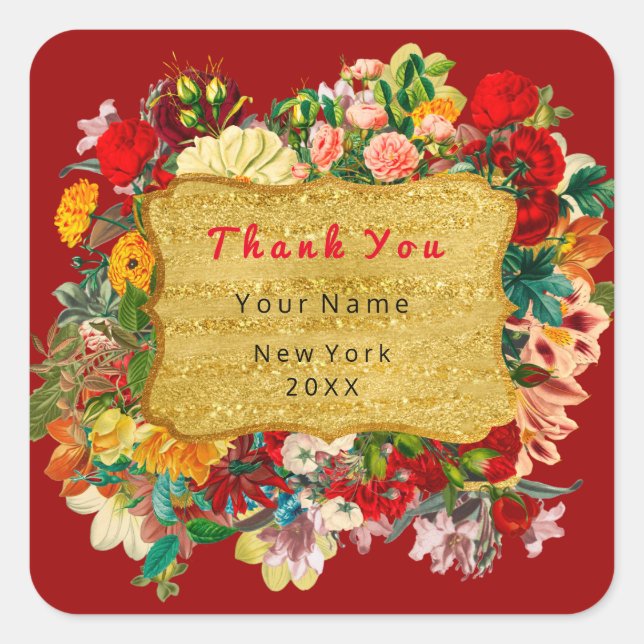 Thank You Favor Golden Frame  Roses Floral Burgund Square Sticker (Front)