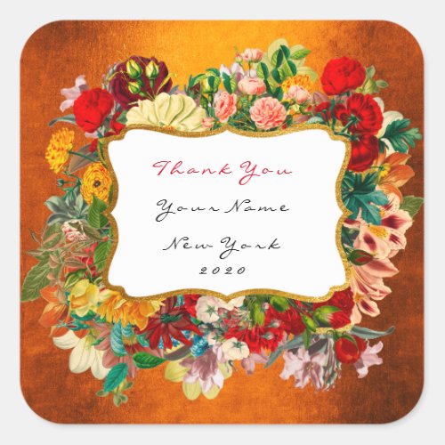 Thank You Favor Golden Frame  Roses Floral Orange  Square Sticker