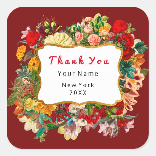 Thank You Favor Golden Frame  Roses Floral Red Square Sticker