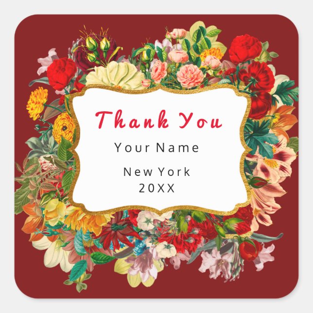Thank You Favor Golden Frame  Roses Floral Red Square Sticker (Front)