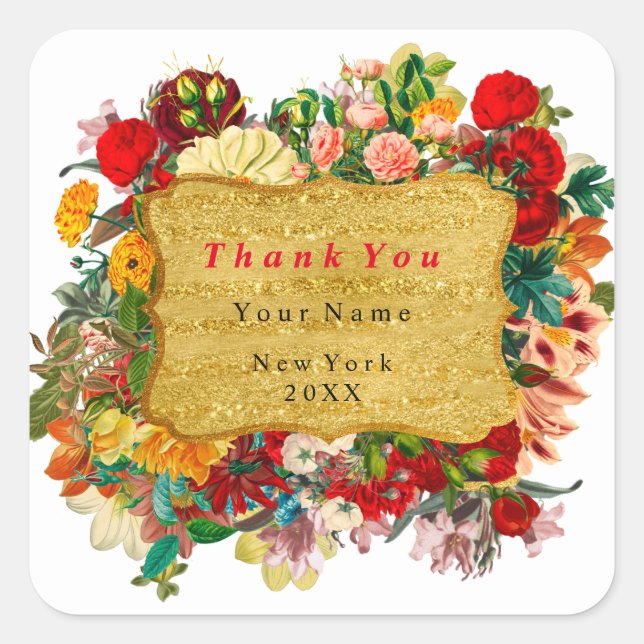 Thank You Favor Golden Frame  Roses Floral White Square Sticker (Front)