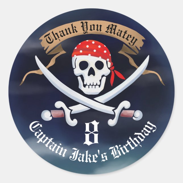 Thank You Favor Jolly Roger Pirate Classic Round Sticker (Front)